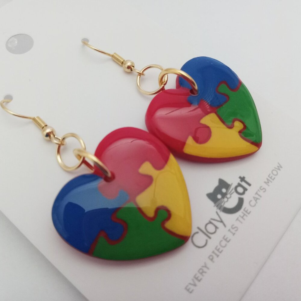 Autism Awareness Puzzle Heart Earrings | Handmade Polymer Clay